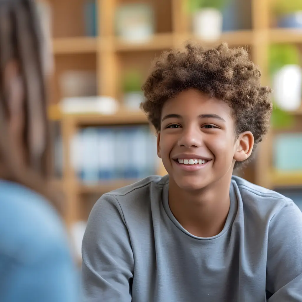 ACT Therapy. A boy smiling and speaking with his therapist.